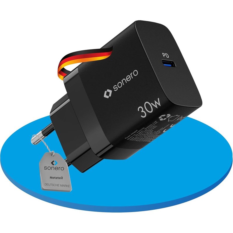 sonero chargeur USB-C, 1x 30 watts port USB-C, GaN chargeur rapide, alimentation USB, chargeur de téléphone portable avec détection automatique du courant de charge, noir
