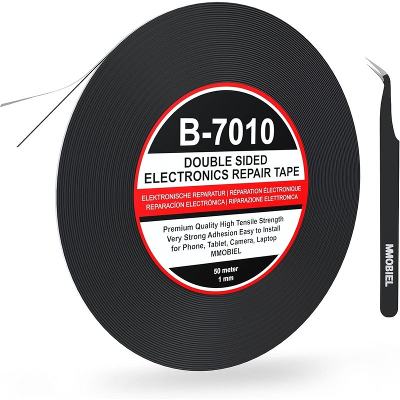 Ruban Adhésif Double-Face 1mm, 50m - Noir Ruban de Montage avec Adhésif Acrylique Puissant pour la Réparation d¿Écrans LCD, Téléphone, Tablette, Ordinateur Portable - Pince à Épiler Incluse