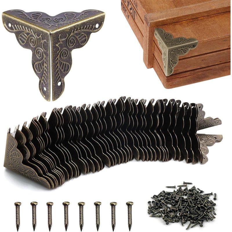 40pcs Coin Vintage,Coin Meuble Metal Antique,Coins De Protection Pour Caisses Et Meubles Style Vintage,Aspect Bronze Meubles Décoratifs,Comprend 160 Clous-25x35mm