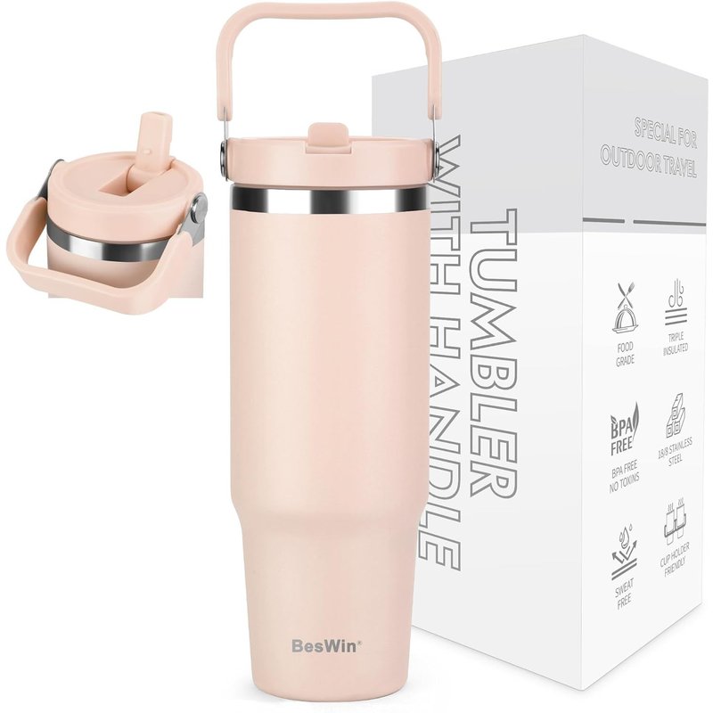 Sjzg-Gobelet De 887 Ml Avec Poignée Et Paille, À Double Paroi Anti-Fuite Pour Boissons Froides Ou Chaudes, Cadeau Pour Homme Et Femme, Quartz Rose