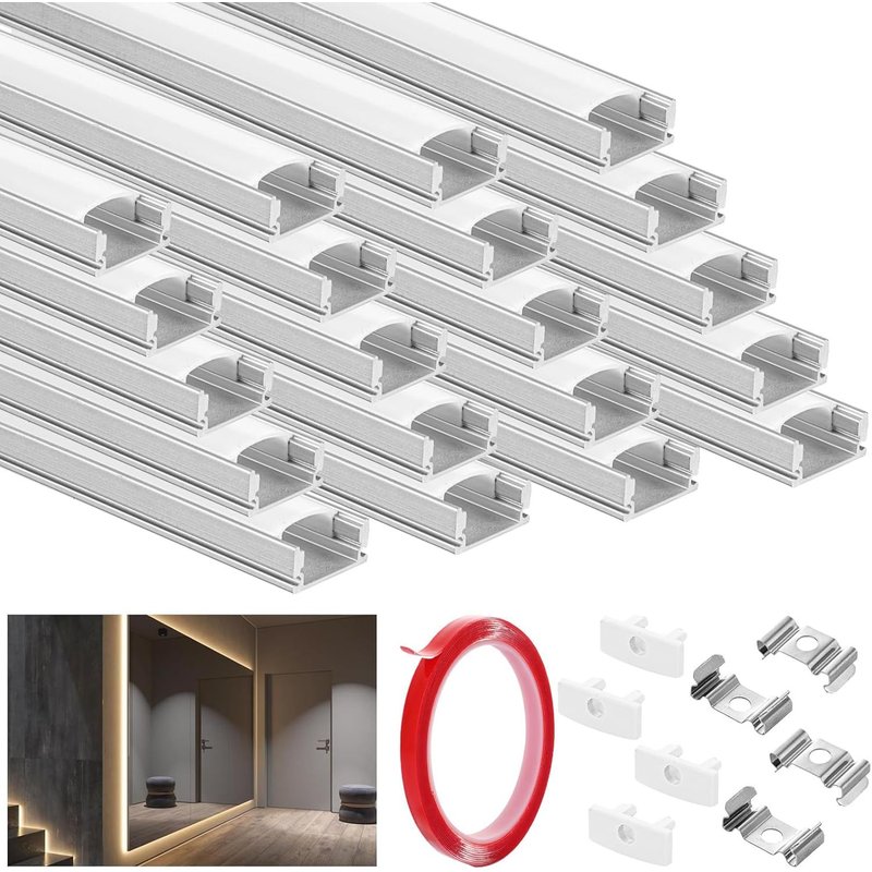 Lot De 20 Profilés Led En Aluminium, 20 X 30 Cm, Diffuseur De Profil Led Avec Couvercle Blanc Laiteux, Canal Led En Forme De U Avec Ruban Adhésif, Embouts Et Clips De Montage