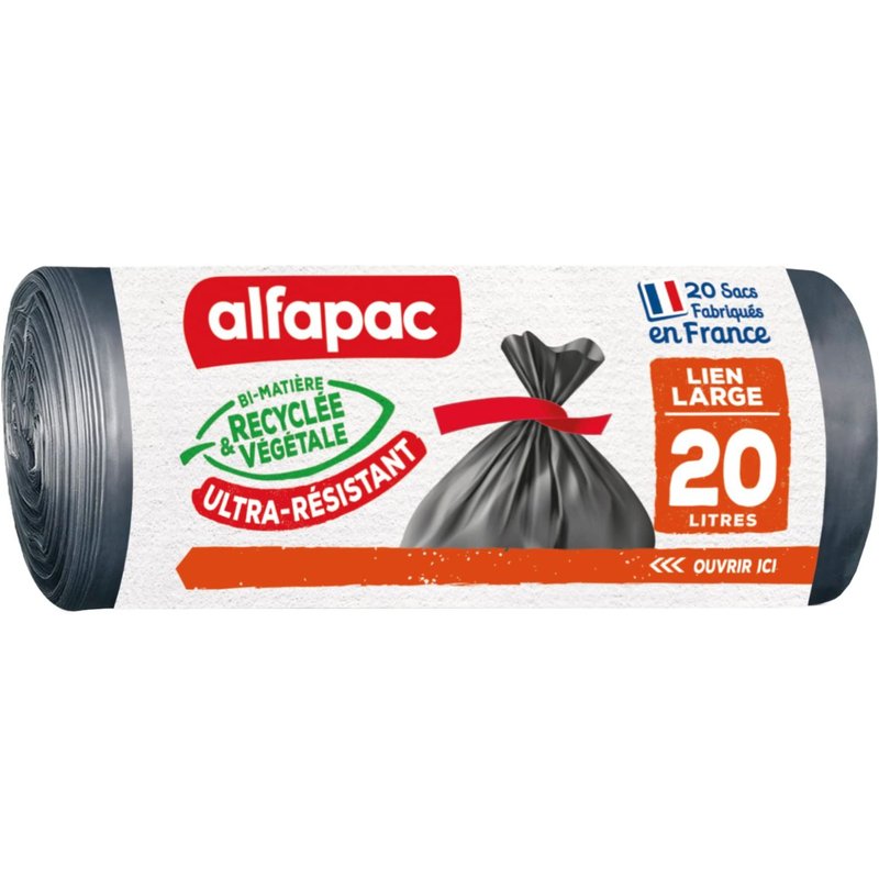 ALFAPAC - Sacs Poubelle à Lien Large - Ultra-Résistant - 74% Recyclé et 15% Végétal - Fabrication Française - 20 x 20L, Noir