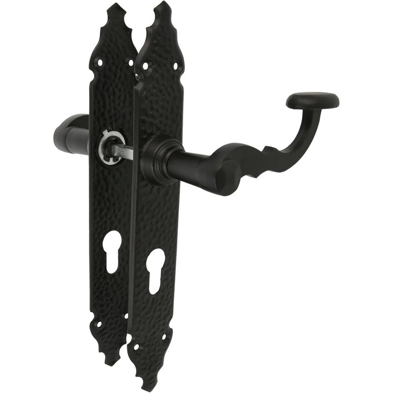 Ensemble de poignées Mod. 100PB280 x 44 mmPoignée en Zamak avec plaque en acierFinition noireInclut une rosace EuroprofilCarré de 8 mmStyle Rustique Forgé à la Main