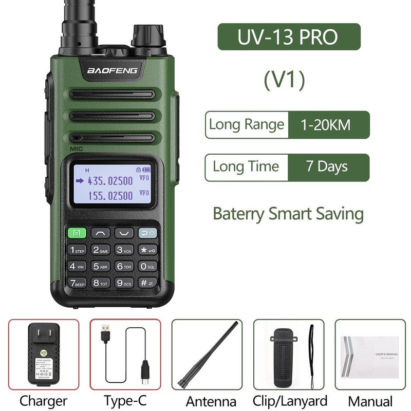 V1-Green Euro BaoFeng UV-13 PRO V1 V2 Touristes Haute Puissance Bande Walperforated Talkie Type C Chargeur 16 KM Longue Portée UV13 Transcsec Ham Radio Bidirectionnelle ""Nipseyteko
