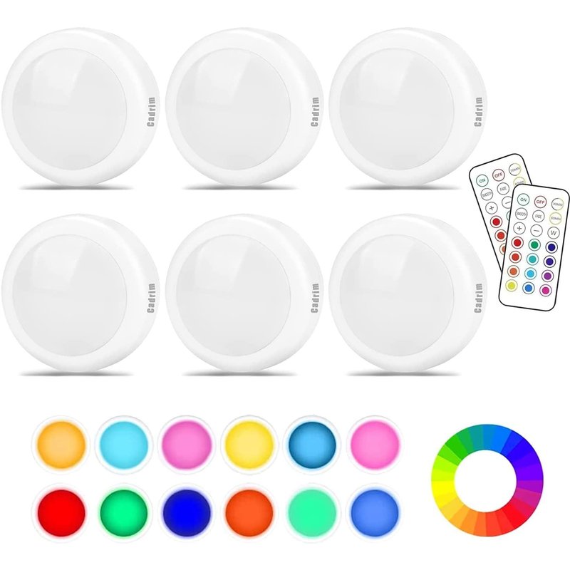 6 Pcs Lampe Placard De 1w, Lampe Led Veilleuse Rgb 13 Couleurs Luminosité Lampe Murale Sans Fil Réglable Pour Cuisine, Chambre,Coiffeuse,Lampe Pile(Batterie Non Incluse) Avec 2 Télécommande
