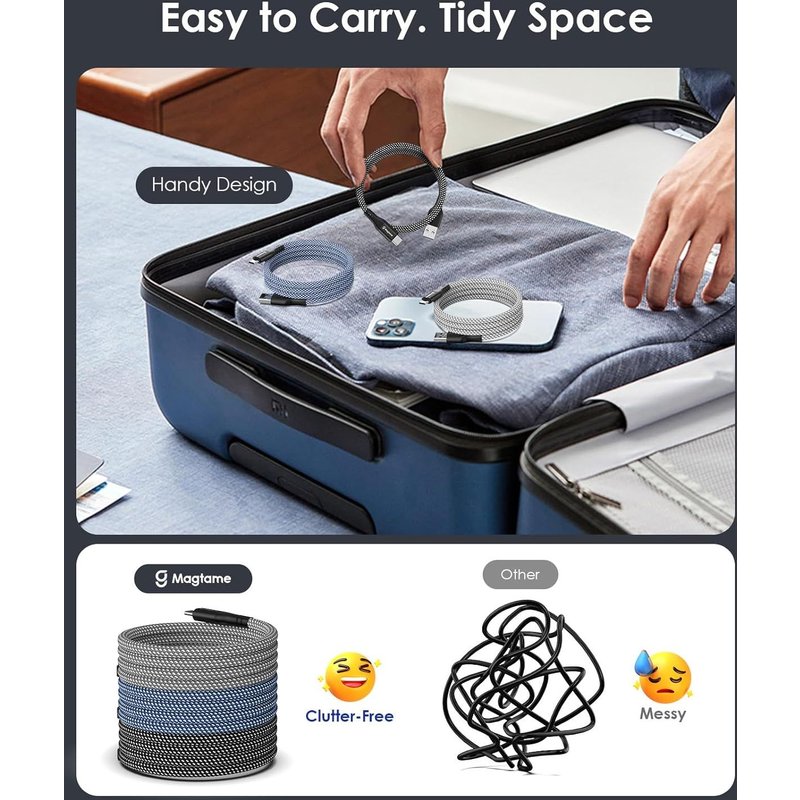 Câble Magnétique USB-C Enroulé, Rétractable 1,5 m, Nylon Tressé, Charge Rapide, Compatible Samsung, Pad