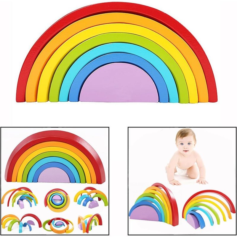 Arc-en-Ciel Jouet, Tour Arc-en-Ciel Empilage Blocs de Construction Multicolore en Bois Jouet pour Enfants