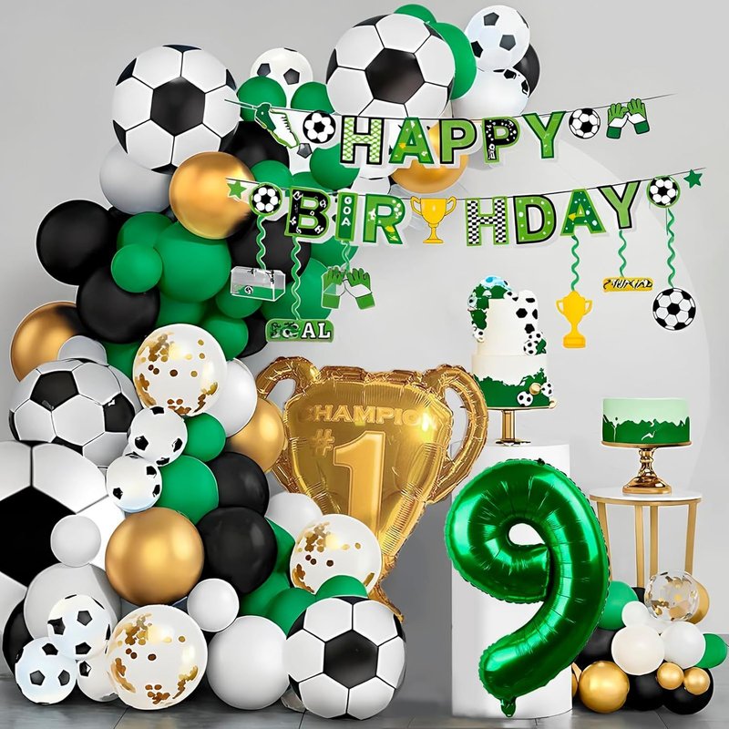Décoration D'anniversaire Football Pour Enfants 9 Ans. Ballons De Football 9 Ans. Décoration Football 9 Ans Avec Trophée Doré Champion Et Bannière Happy Birthday. Lot De 142 Ballons D'anniversaire