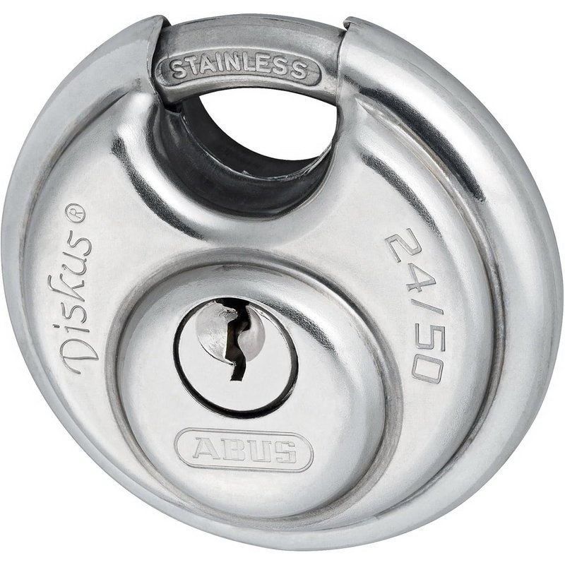 Cadenas Diskus 24IB/50 en acier inoxydable - avec protection circulaire de 360° - pour la sécurité en cas de fortes intempéries - 20317 - Niveau de sécurité 7 - Argent/Bleu