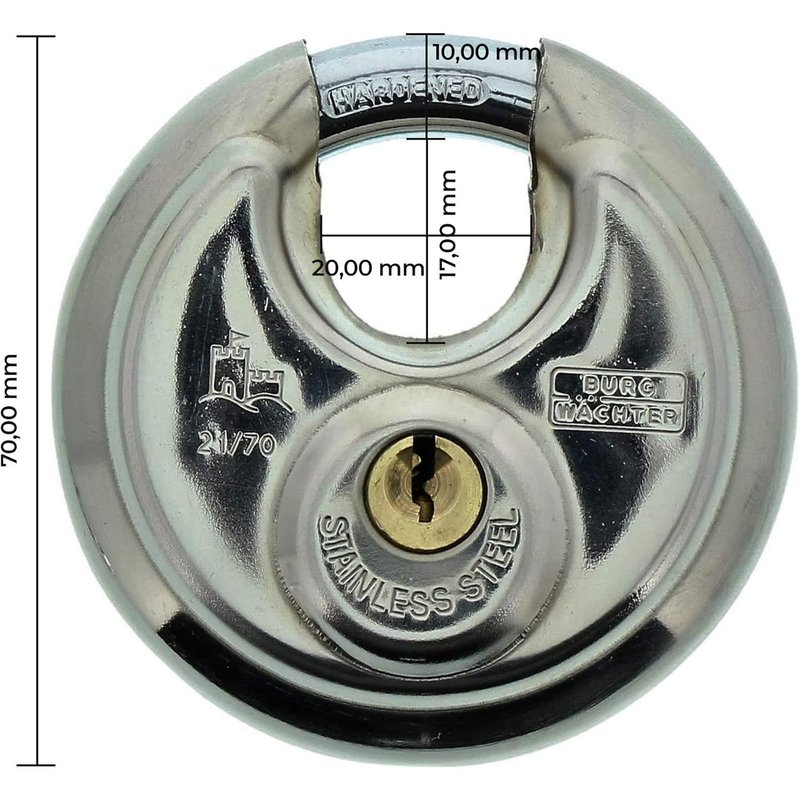 Cadenas Rond à Cylindre, Circle 21 70 SB, 9 mm d'Epaisseur de Anse, 2 Clés Incluses, Protection Anti-Pincement, Acier Inoxydable