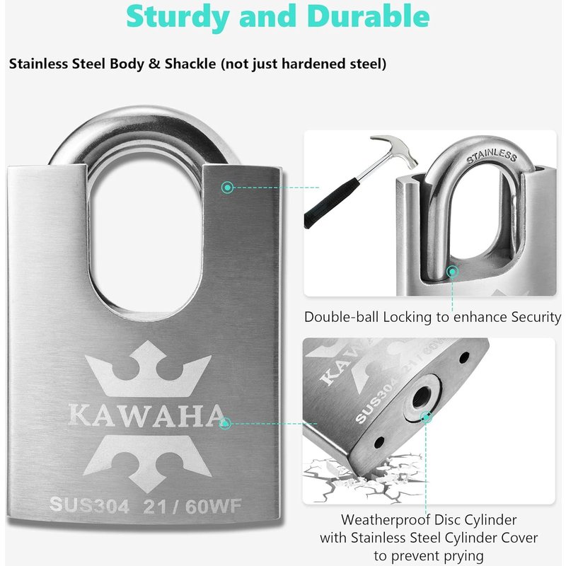 21/60KD-3SK Serrure Cadenas haute sécurité en acier inoxydable avec clé pour intérieur et extérieur (très résistant, antirouille) (60 mm), clés différentes ¿ 3 clés en acier inoxydable