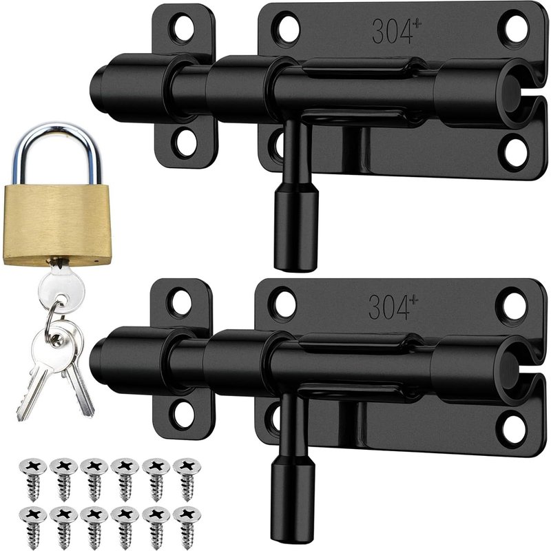 Lot de 2 verrous de porte en acier inoxydable 304 noir - Verrou coulissant avec trou pour cadenas - Verrou coulissant pour portes, fenĂȘtres, clĂŽtures, chambre Ă coucher, salle de bain