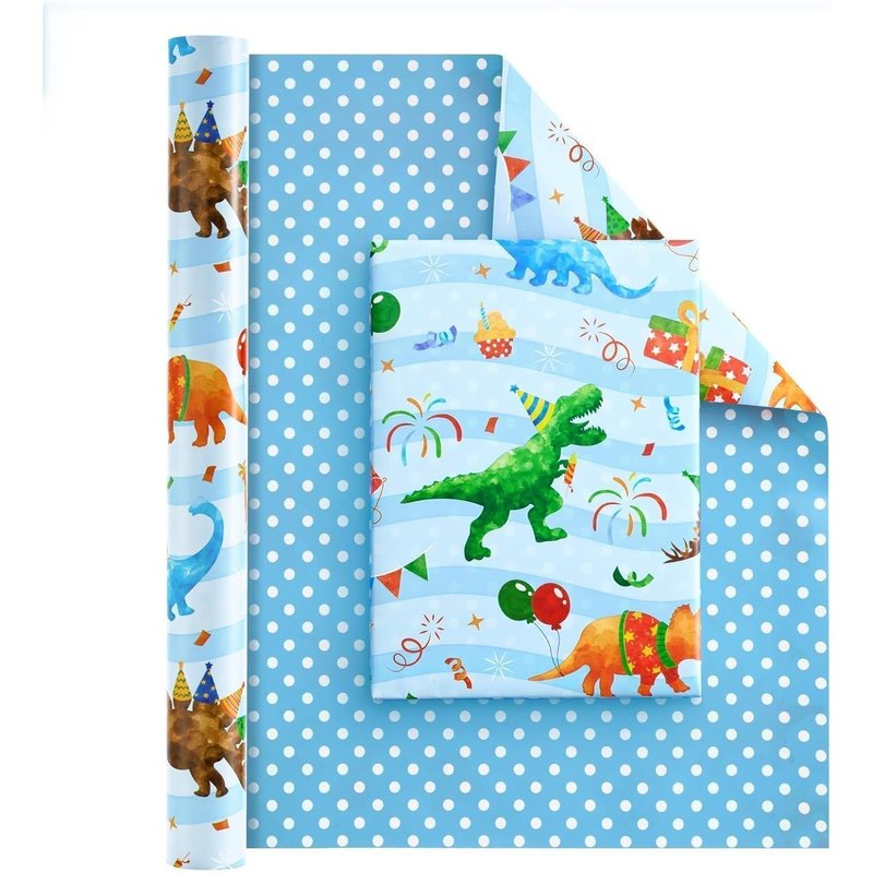 Papier Cadeau Dinosaure-1 Rouleau Papier Cadeau D'anniversaire Dinosaure Coloré Pour Garçons Enfants Réversible Bleu À Pois Dino Cadeau D'anniversaire Décoration Cadeau 43cm X 10m