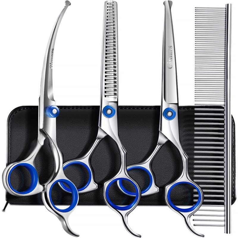 4cr Professional Dog Grooming Scissors With Safety Round Tip,Straight,Tapered And Curved Scissors With Titanium Coating