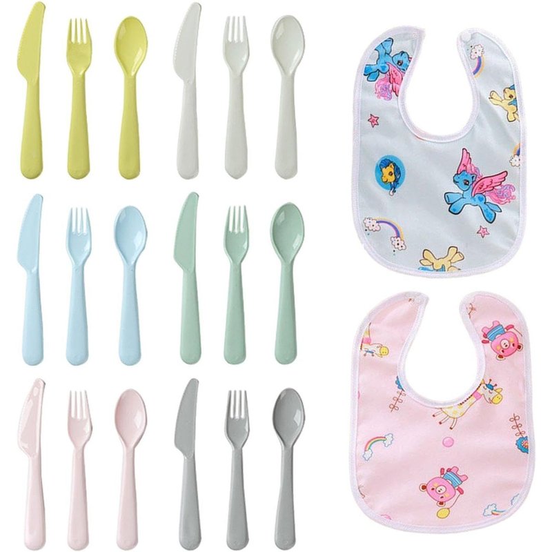 6 Ensembles De Couverts Colorés Et 2 Morceaux De Bavoirs,Couverts Pour Enfants Mignons,Serviette De Salive Imperméable,.