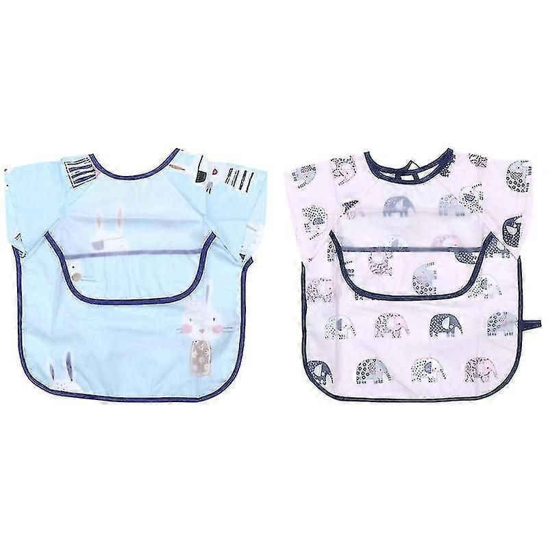 2pcs Enfants Bavoirs Tout-Petits Manger Tablier Dessin Animé Manches Courtes Imperméable Overclothes Dining Bib - 100 Yard Suit Pour 2-4 Ans (Lapin Et Éléphant Pat