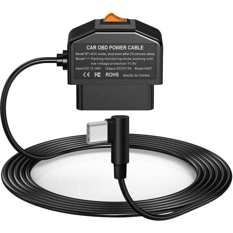 Kit De Câblage Obd Pour Dash Cam,Kit De Câblage Usb Type C Avec Câble Dalimentation Obd Pour Dashcam 12-24V À 5V/3A Avec Protection Basse Tension Surveillance De Stationnement 24H/24Mode Acc