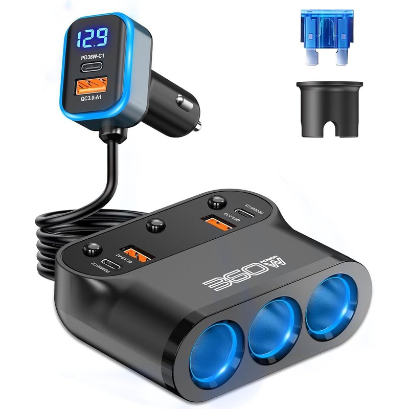 360 W Avancée - 9 En 1 Multi Prise Allume Cigare 3 Pd 36W Usb Allume Cigare De Voiture, 12V/24V Adaptateur Allume Cigare Avec Interrupteur Voltmètre À Led Charge Rapide/Phone/Gps/Dash Cam