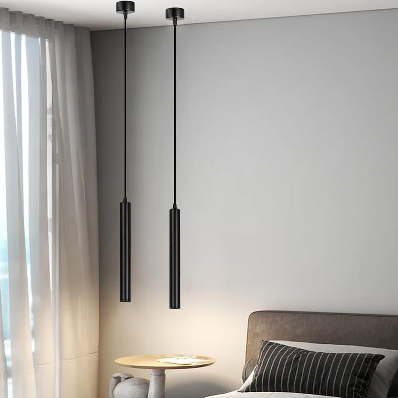 Lustre Cylindrique Noir, 2 Pieces Lustre Led, Blanc Chaud, 3000K, Pour Salon, Table De Salle À Manger, Comptoir De Hôtel, 30 Cm, Longueur Réglable, Moderne