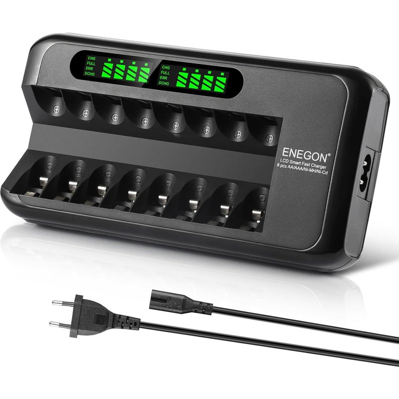 Chargeur de Piles Rechargeables AA AAA avec Écran LCD ¿ 8 Slots Indépendants ¿ Chargeur Rapide Intelligent Ni-MH/Ni-CD avec Protection ¿ Adaptateur Secteur 100-240V