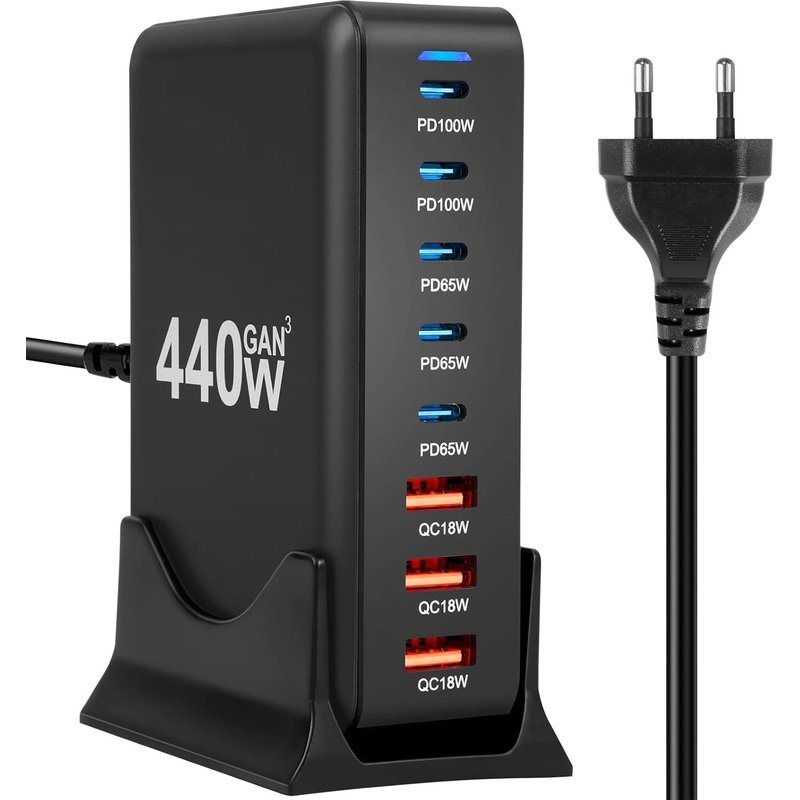Chargeur Usb C Rapide 440W, Multiple Gan Chargeur Secteur Avec 5 Usb C+3 Usb-A, Chargeur Rapide Station De Charge Adaptateur Compatible Avec Macbook Pro/Air, I-Pad, I-Phone, Galaxy, Huawei