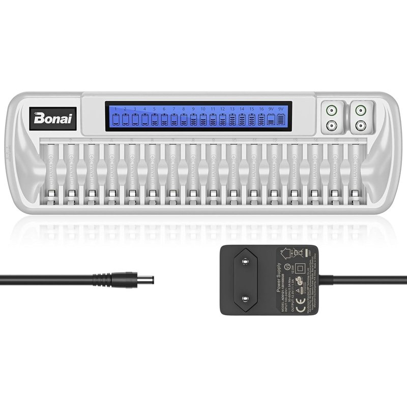Chargeur Piles Rechargeable Rapide 16+2 Solts, Universel Pour Aa/Aaa/Ni-Mh/Ni-Cd/9V Piles Rechargeables, Écran Lcd Intelligent, Chargeur Rapide Dc 12V/1A