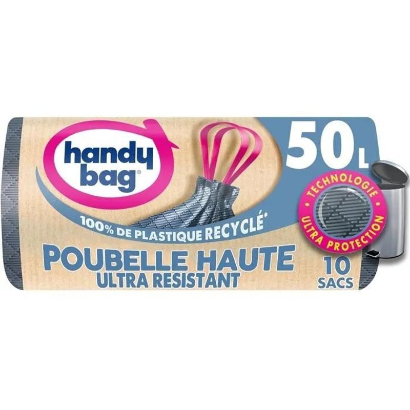 Handy Bag - Sacs poubelle pour poubelle haute à poignées coulissantes Ultra Résistant & Étanchéité maxi, 1 rouleau de 10 sacs 50 L