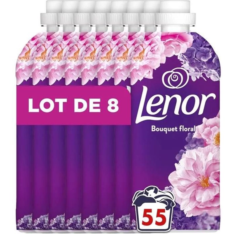 Adoucissant Lenor, 440 Lavages (8 x 55 lavages), Bouquet floral, 24H De Fraîcheur Relaxante, Avec Une Touche D'Huiles Essentielles
