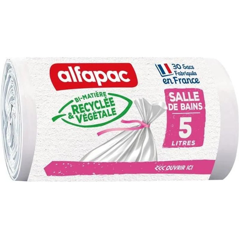 alfapac - 30 sacs-poubelle 5L à lien - salle de bains- fabriqués en France - bi-matière recyclée & végétale