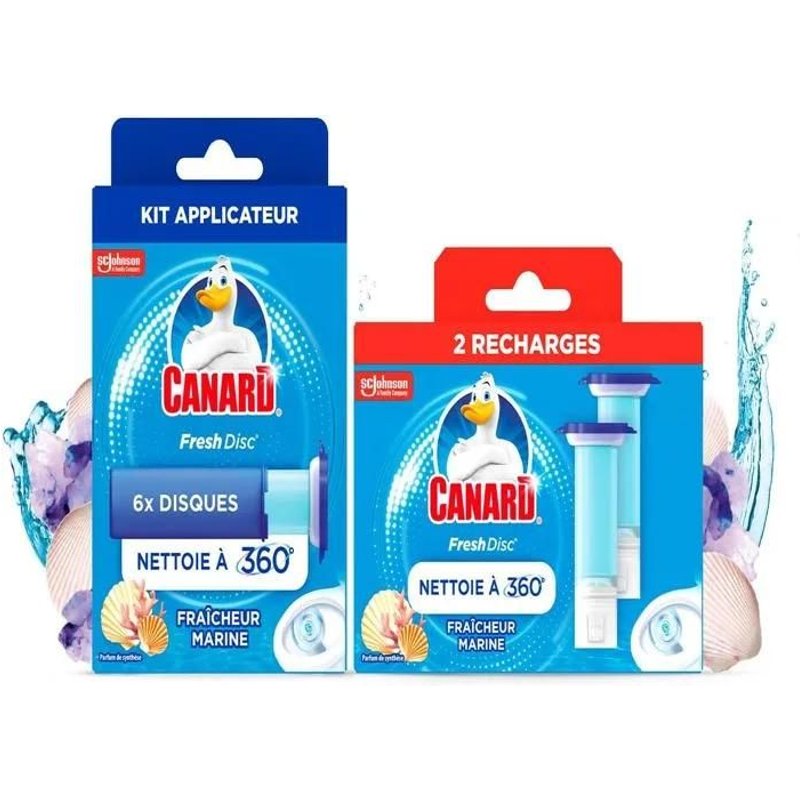 Canard WC Fresh Disc Fraicheur Marine - Bloc WC Sans Cage Nettoyant - 1 Applicateur + 3 Recharges