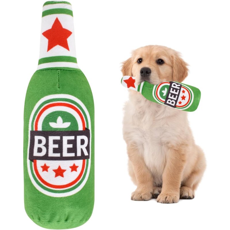 Plush Dog Toy Beer Bottle Shape Chew Resistant Teething Toys For Dogs,Squeaky Toys For Puppies,Small,Medium And Large Dogs (Green)
