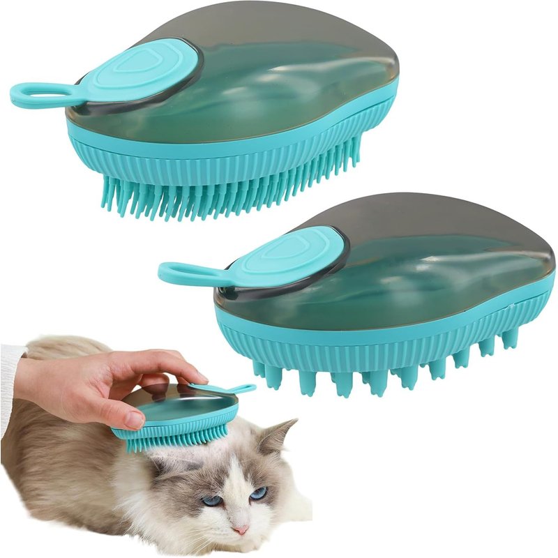 2 Pack Dog Bath Brush Pet Grooming Brush Soothing Rubber Bath Brush With Dispenser For Short And Long Haired Dogs And Cats (Blue)
