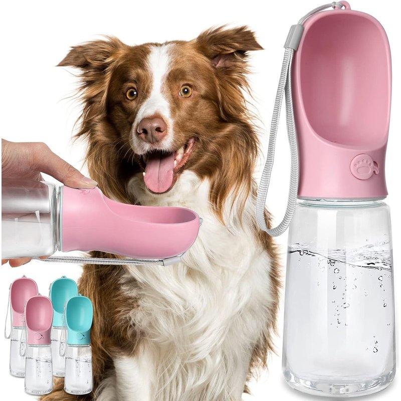 Dog Water Bottle,Leak-Proof Portable Water Dispenser With Feeder For Pets For Walking,Hiking,Travel,Food Grade Plastic (19 Oz,Pink)
