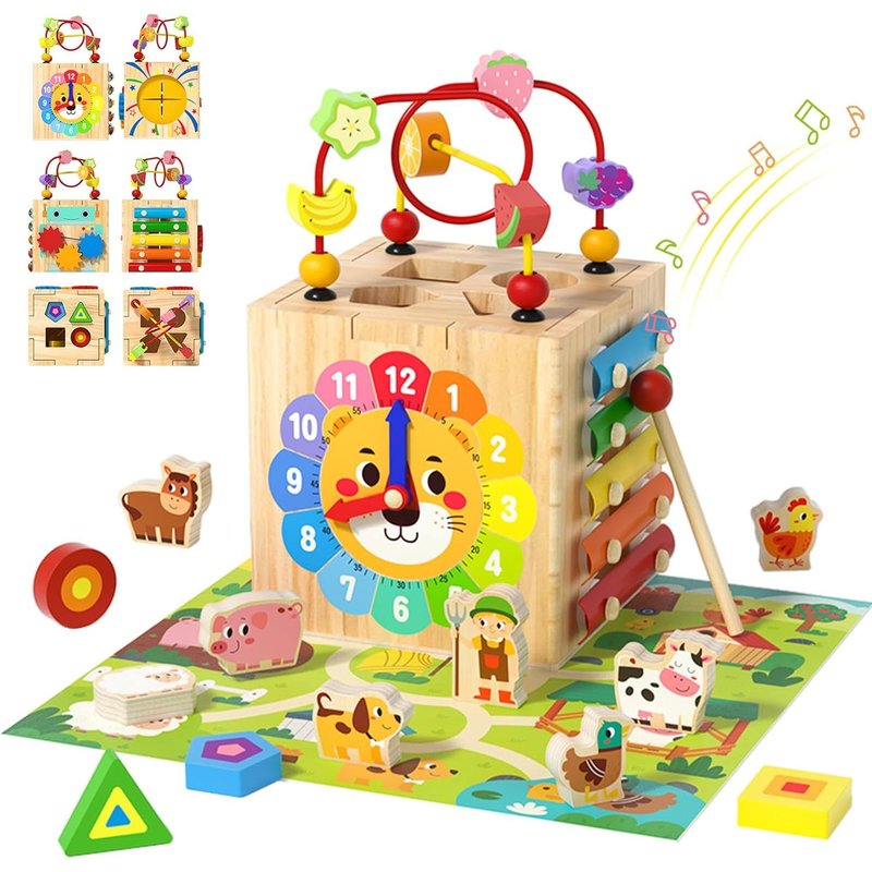 Montessori 7-in-1 Activity Cube Wooden Activity Toy for Babies from 1 Year with Xylophone,Shape Sorter,Clock & Pearl Maze-Birthday Christmas Gift