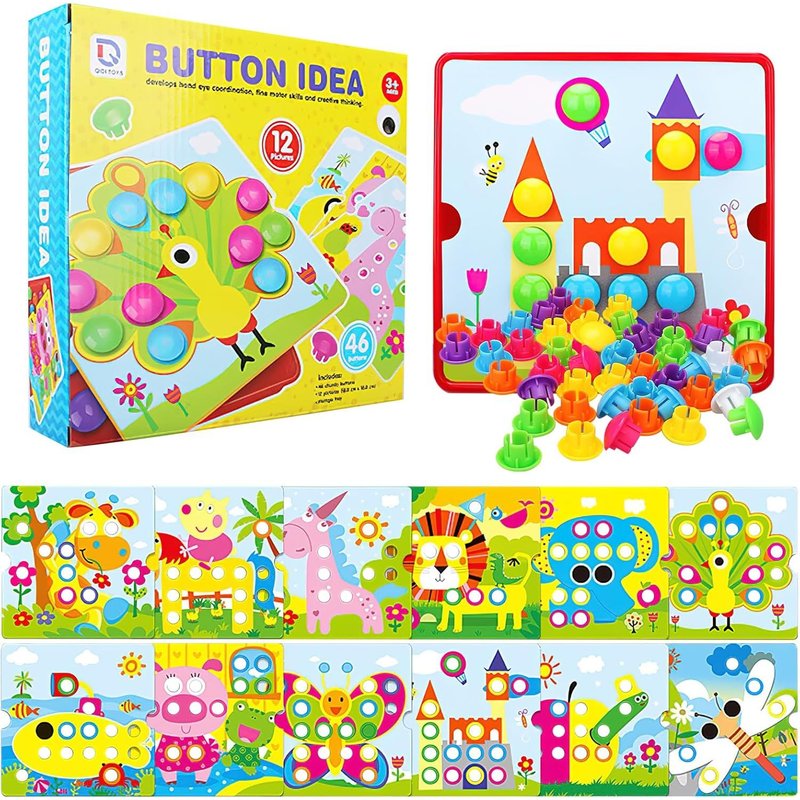 Mosaic Educational Game For 4-6 Years Old Kids-Set Of 46 Large Beads And 12 Colorful Cards (Peacock)