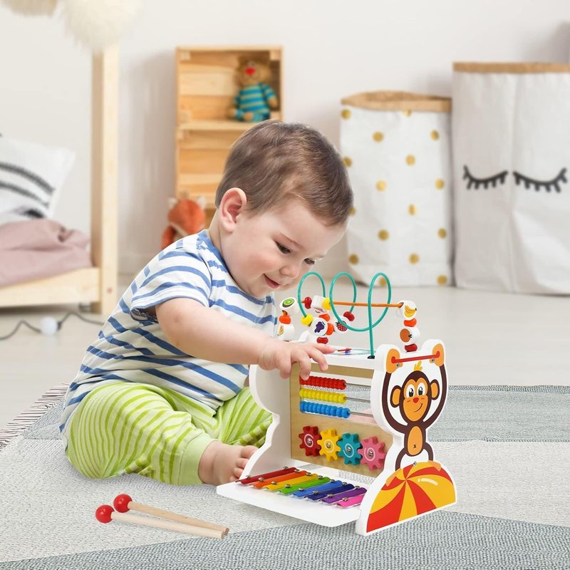 Nukdey 5 In 1 Wooden Activity Toy: Xylophone Baby Toy,Abacus,Bead Maze,Gears,Clock: Musical Instrument Toy For Children 1,2,3,4,5 Years Old