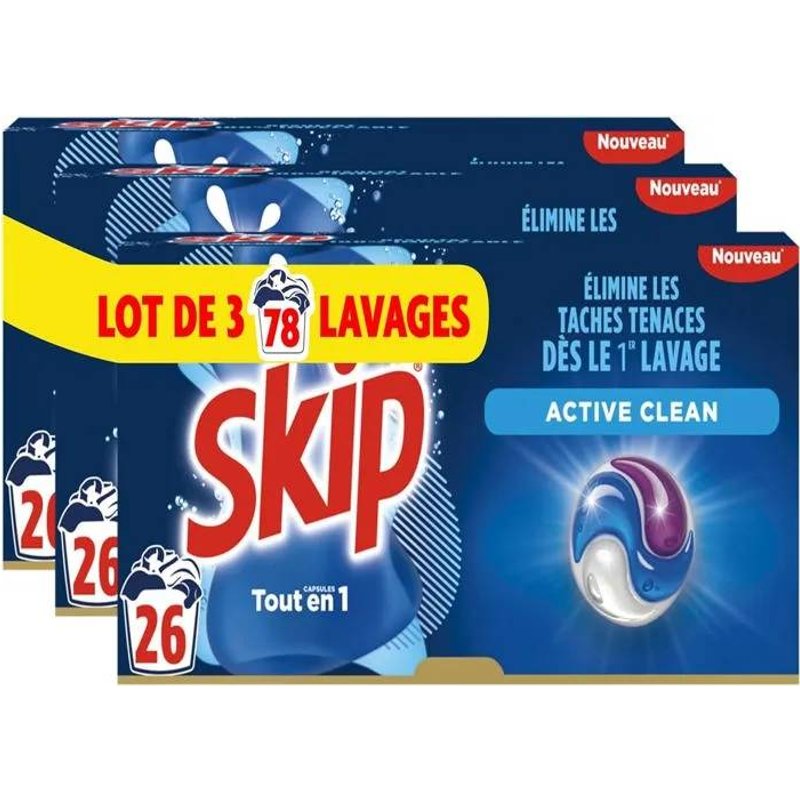 Skip Lessive liquide en capsules Active Clean 3 en 1 - 78 lavages - lot de 3x26