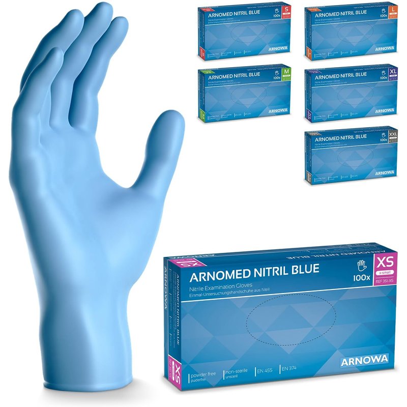 100x ® Gants en nitrile taille XS Bleu,Gants à usage unique pour chirurgie & laboratoire,Gants en nitrile sans poudre et sans latex,Moufles en nitrile en XS,S,M,L,XL,XXL