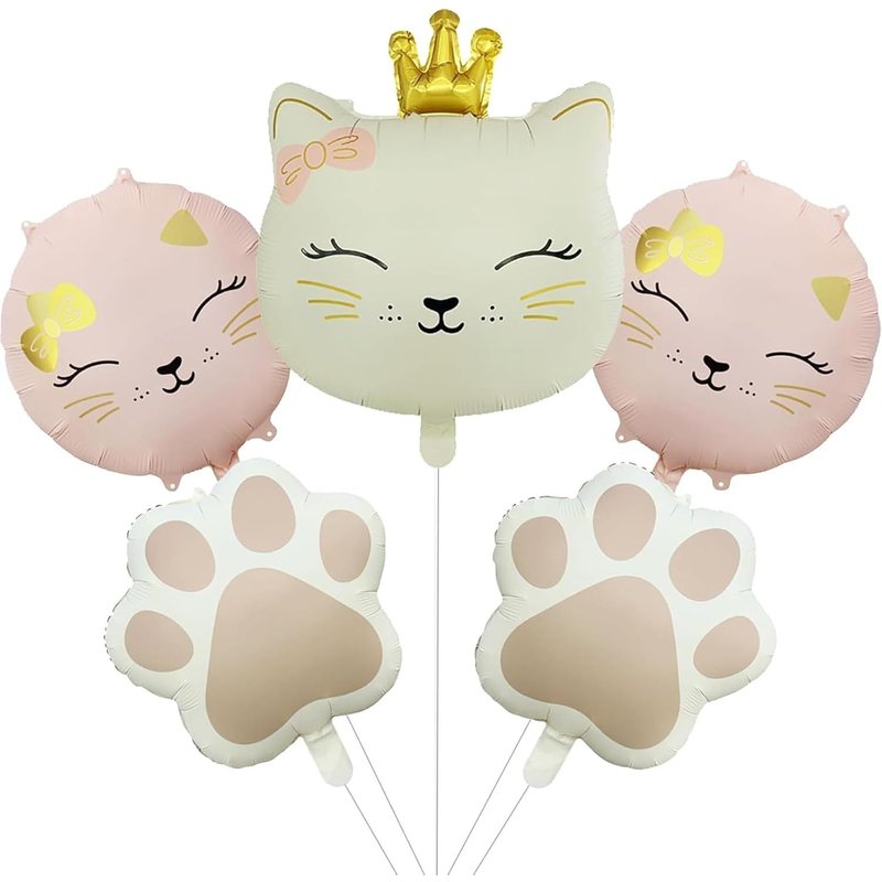 Lot De 5 Ballons Décoratifs En Forme D'animaux, Taille Xxl, Ballons En Aluminium, Animaux, Chats, Décoration D'anniversaire, Pour Fille, Crème Rose, Couronnes Et Chats, Pour Fête Animale