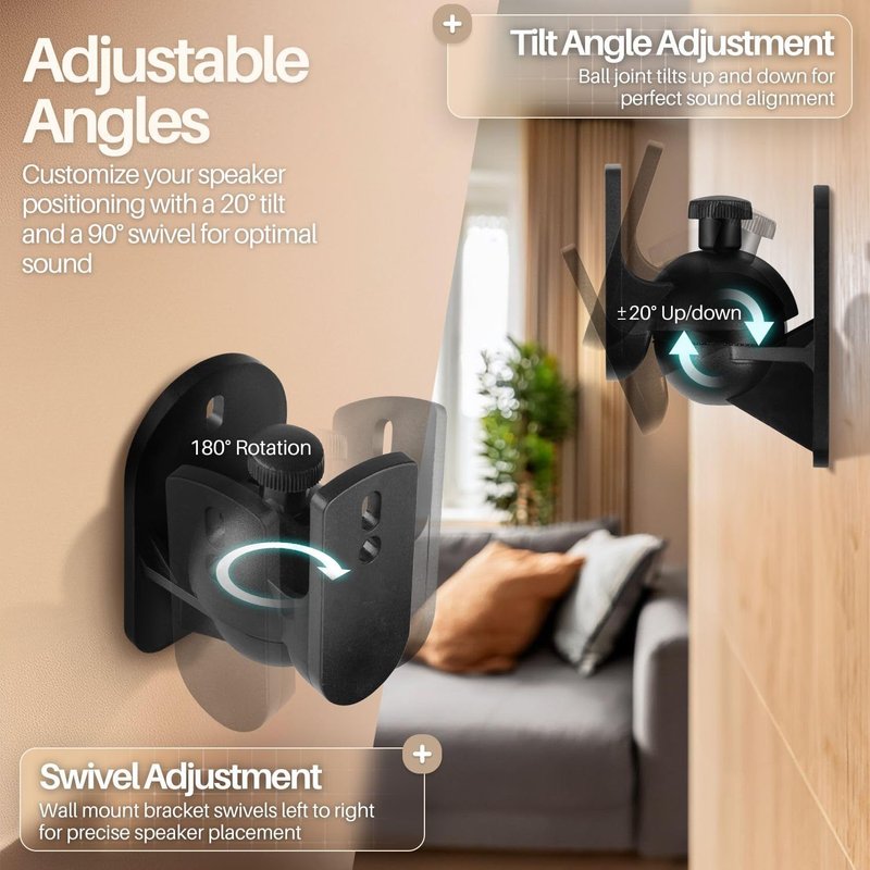 Tnp Lot De 4 Supports Muraux Universels Pour Haut-Parleur Satellite Avec Rotation Réglable Et Angle D'Inclinaison Pour Système De Son Surround Home Cinéma Noir