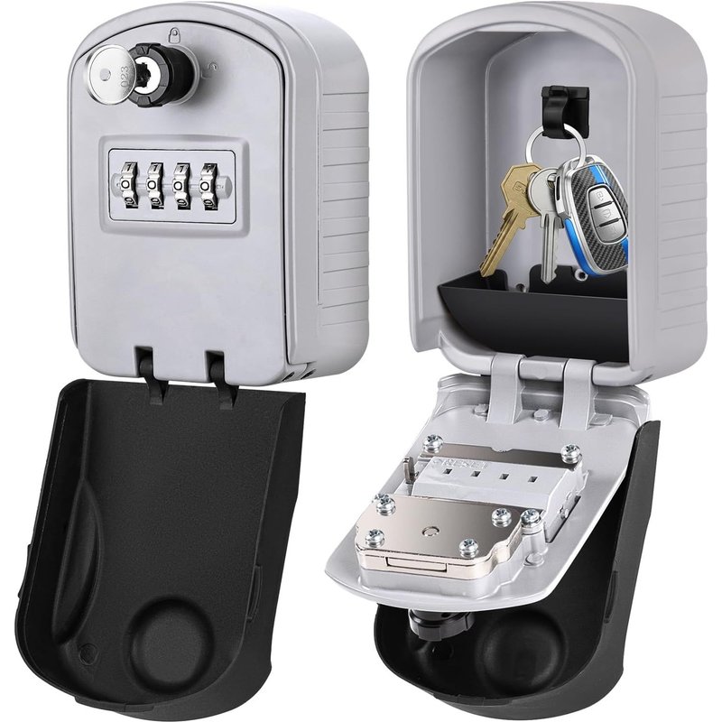 New Generation Large Outdoor Key Box with 4 Code and Emergency Keys Waterproof and Rust Resistant Wall Mounted Key Box for School,Office,Factory (Silver)