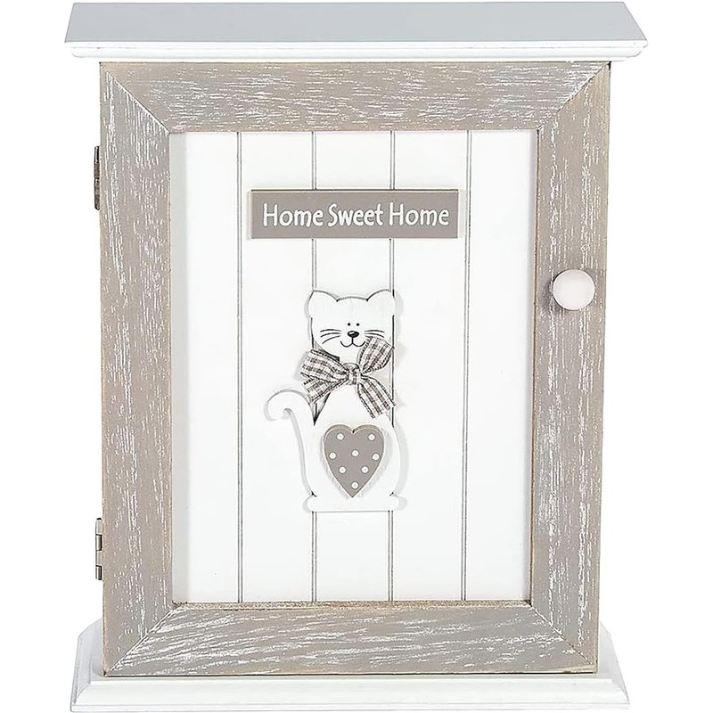 Wooden Key Box,Wall Key Cabinets with 6 Hooks,Cute Cat Theme Home Kitchen Decorative,Gift Ideas for Cat Lovers,Grey 21 x 25 cm