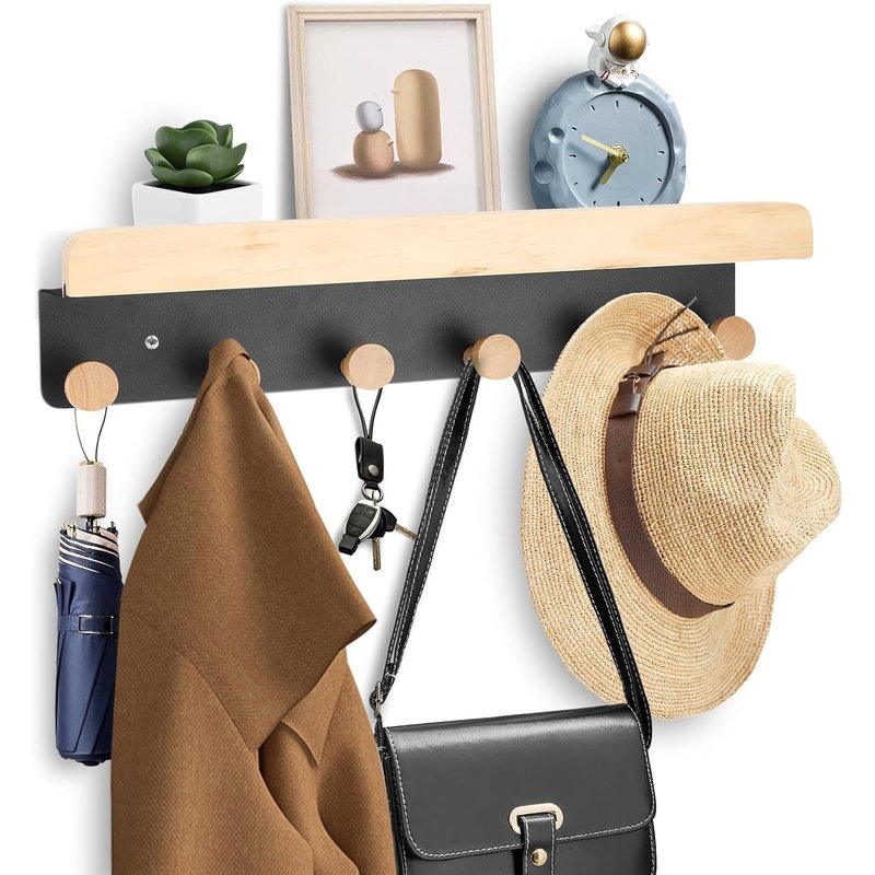 Wooden key plate with shelf with 6 wooden hooks for entryway,hallway,kitchen,front door,bedroom