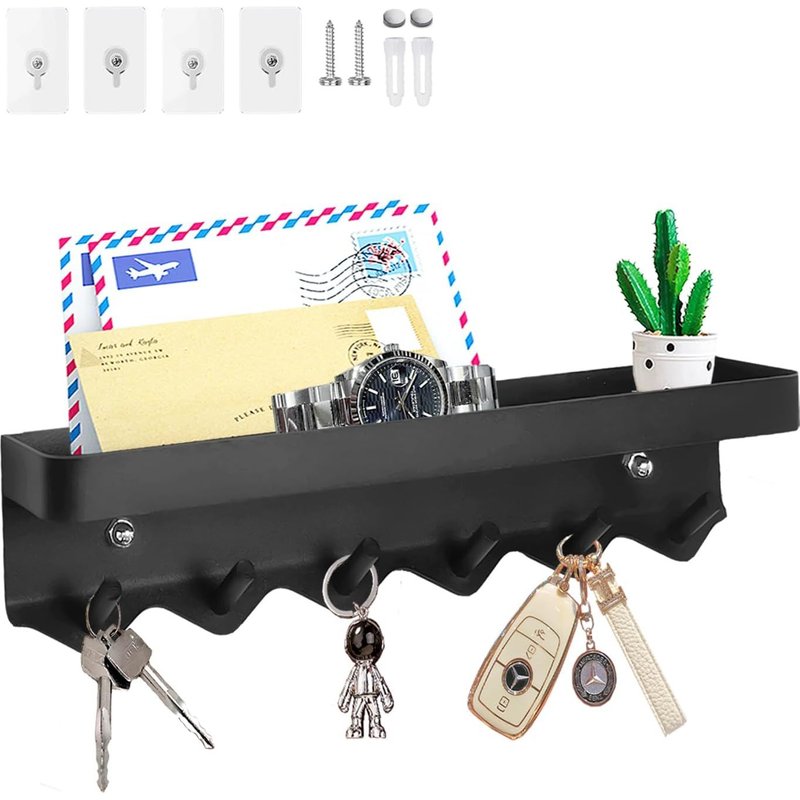 6 Hooks Wall Key Ring,Self Adhesive or Drilling,2 Ways to Install Wall Key Ring Suitable for Entrance (Black)