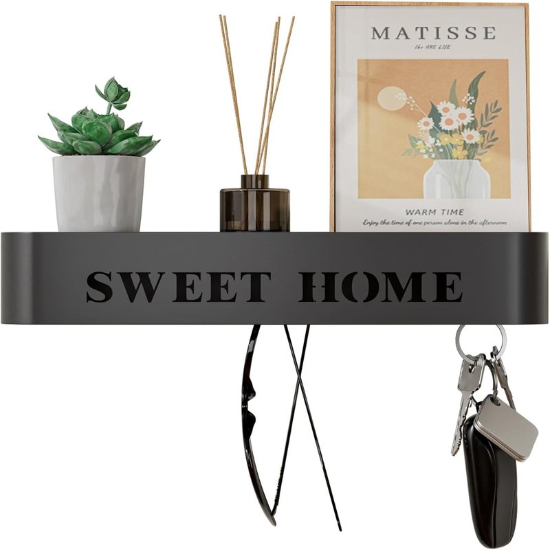 Wall Mounted Key Plate with Shelf,Modern Minimalist Metal Key Holder with 5 Hidden Wall Hooks for Entryway,Hallway,Kitchen,Living Room,Black