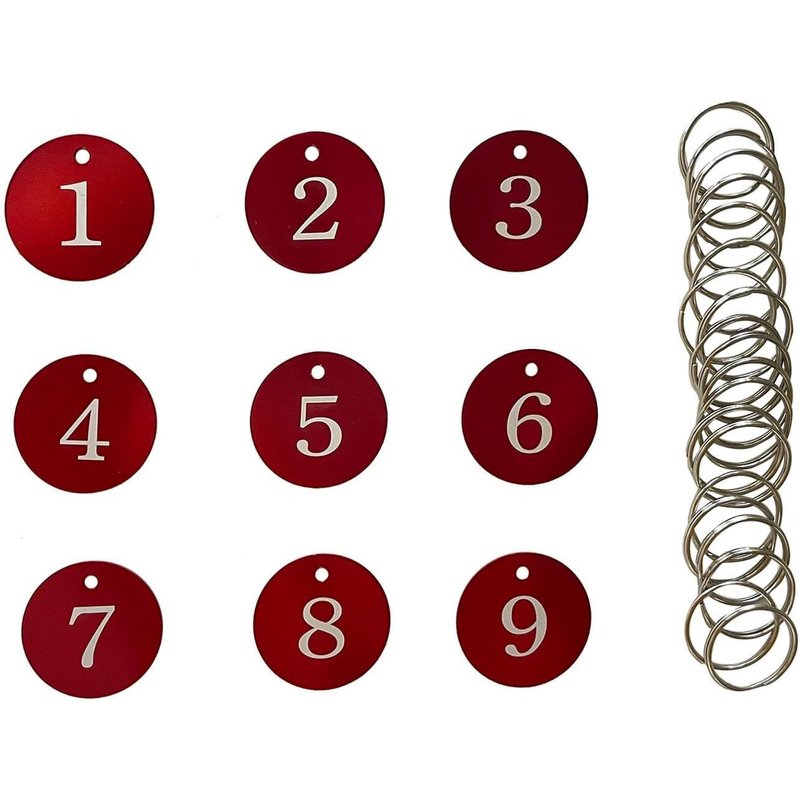 35MM Aluminum Number Holder with Key Ring for Restaurant Hotel Dorm House Key Locker (Red,1-10)