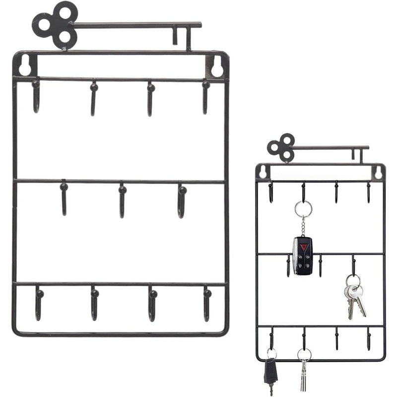Wall Keyring,Wrought Iron Wall Key Hanging Storage Rack,with 11 Hooks Functional Key Rack,Home Decoration Finishing Tools (Black)