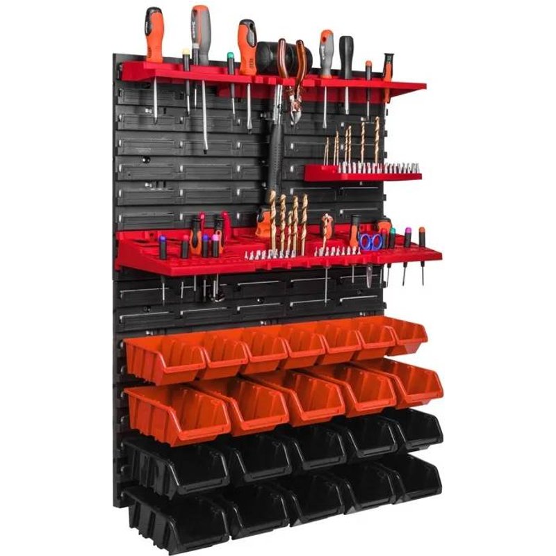 Panneau mural pour outils 58 x 78 cm avec 22 pcs Boîte Orange et Noire plastique V7