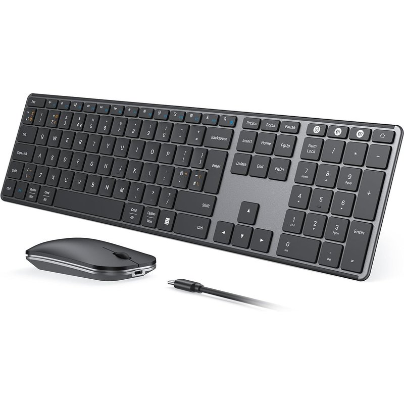 Wirelees Ensemble Clavier Et Souris Bluetooth Rechargeables, Multi-Appareils, Souris Et Clavier Sans Fil Ultra Fin, Compatible Avec Windows, Mac Os, Ipad, Qwerty Britannique, Noir Et Gris