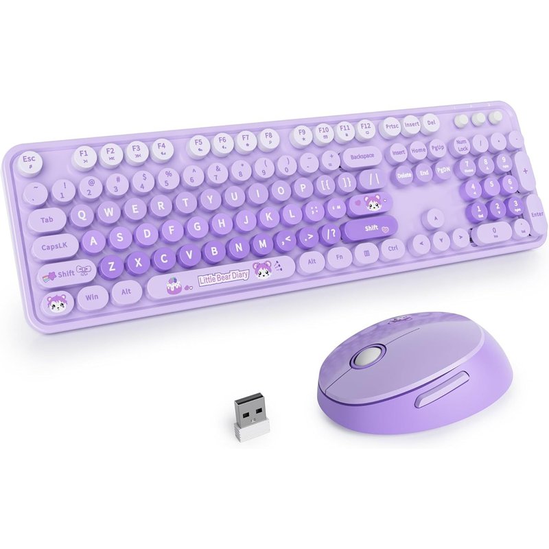 Ensemble Clavier Et Souris Sans Fil,104 Touches Clavier De Machine À Écrire Rétro,2.4Ghz Clavier De Machine À Écrire À Touches Rondes Avec Pavé Numérique(Américain Qwerty)(Diary Purple)